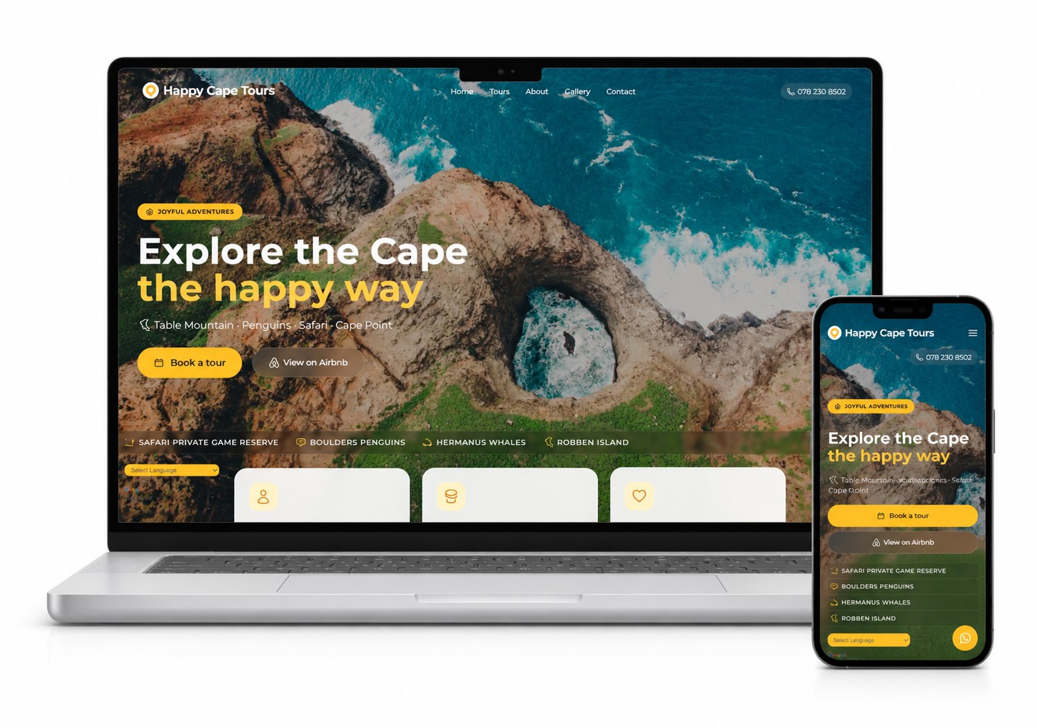Happy Cape Tours responsive website displayed on a MacBook and iPhone