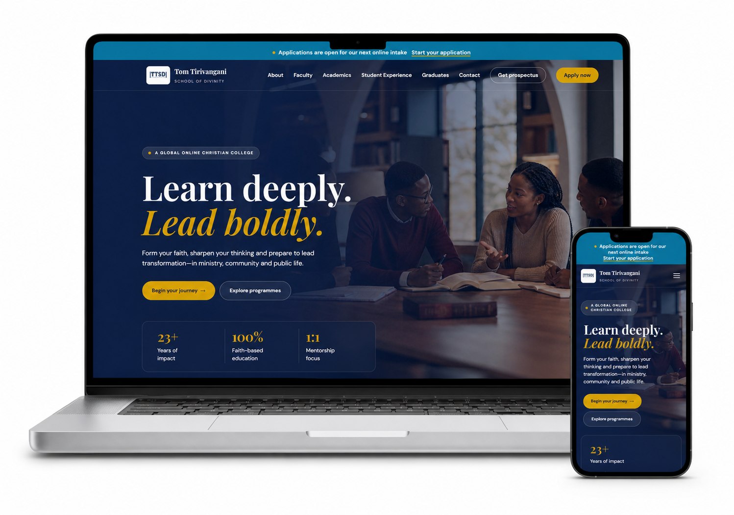 Tom Tirivangani School of Divinity Canadian responsive website displayed on a MacBook and iPhone