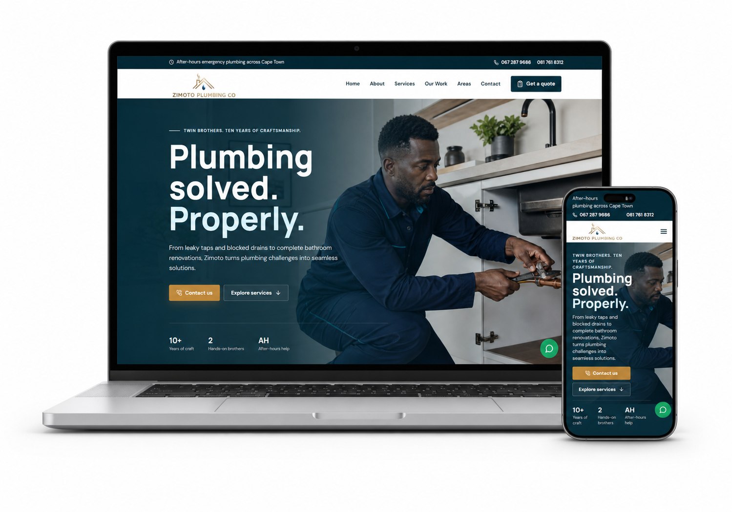 Zimoto Plumbing responsive website displayed on a MacBook and iPhone